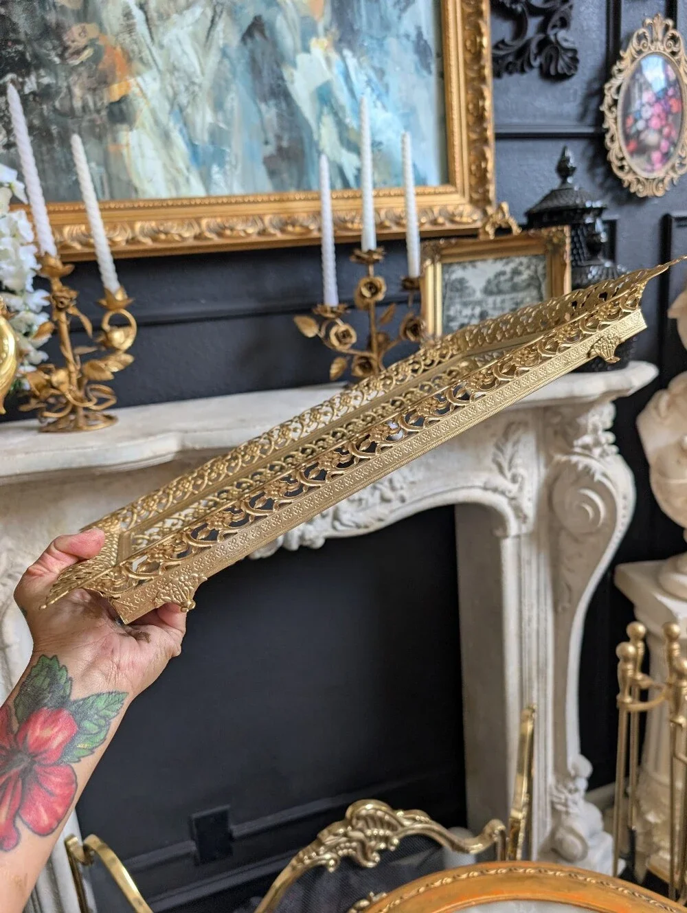 Vintage Gold Ornate Filigree Footed Vanity  Mirror Display Tray 16